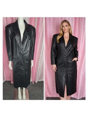 LA Studio Vintage Black Leather 80s Retro Mob Boss Trench Coat Size Small